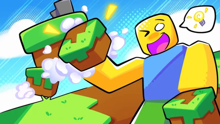 A Roblox noob grinning while grabbing a grass block in 2 Block Obby