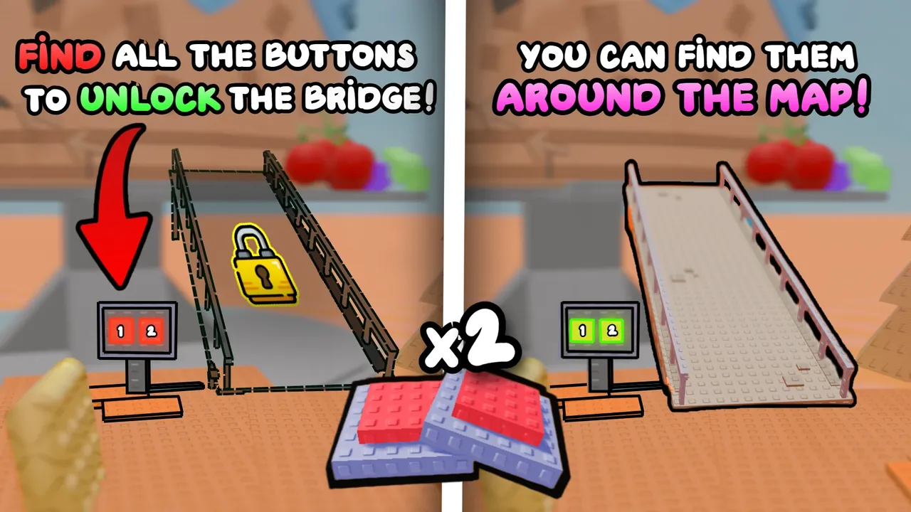 Two locked buttons next to a locked bridge, and the same bridge unlocked once both buttons are found