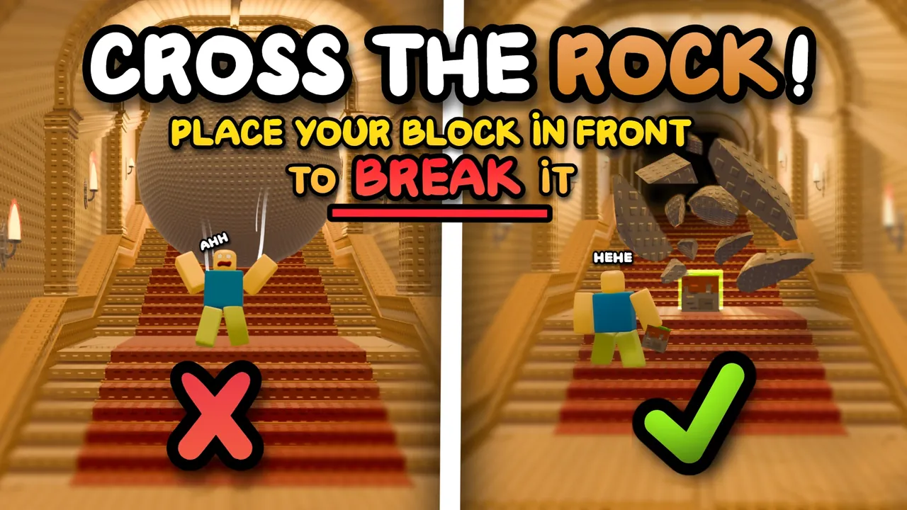 A boulder rolling down a staircase at a player, then breaking apart on a placed block