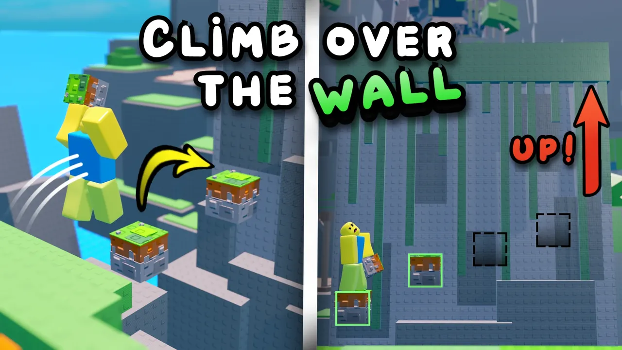 A player jumping between two placed grass blocks to climb a tall stone wall